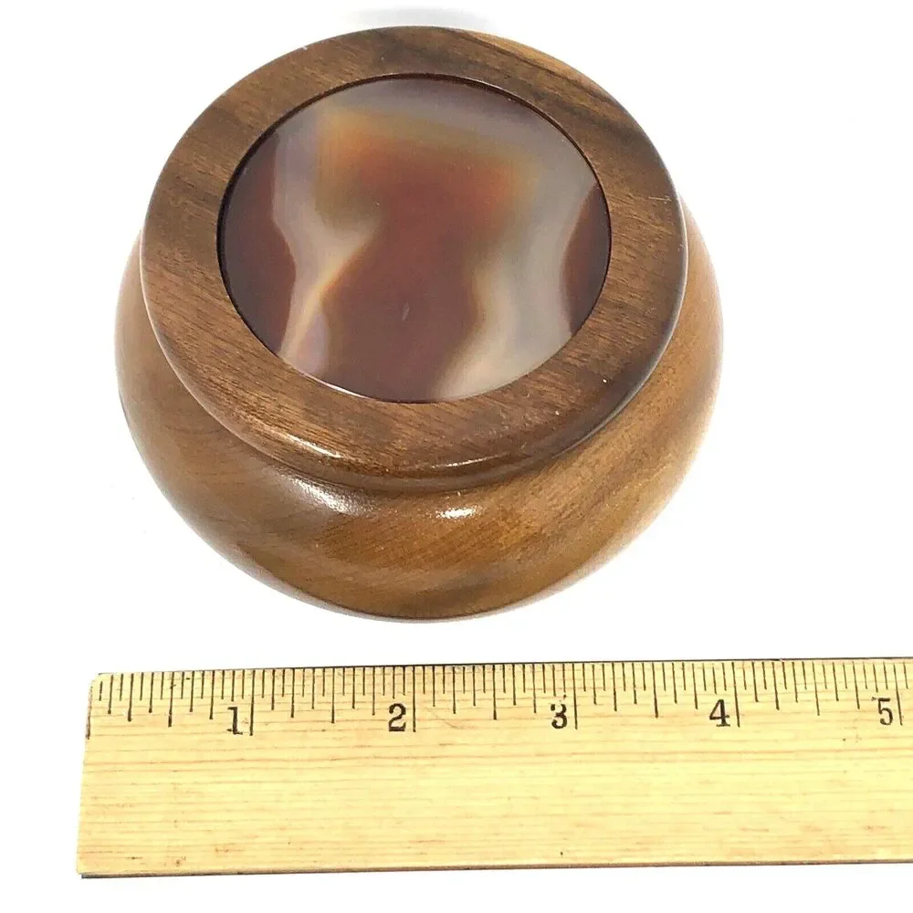 VTG Hand Crafted Wood Trinket Box w/ Agate Stone Inlay Lid Artisan Made Brazil